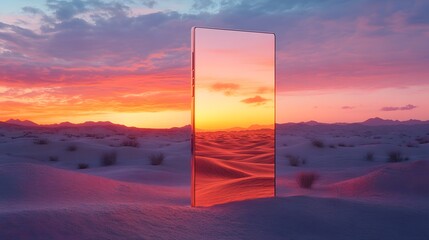 Leinwandbilder Lavendelfarbene Motive Surreal Sunset Landscape with Giant Smartphone Reflecting Vibrant Colors in Desert Scene - Digital Art, Abstract, Futuristic Technology, Modern Design, Phone Screen, Mobile Device, Conceptual Art,  © Anusak