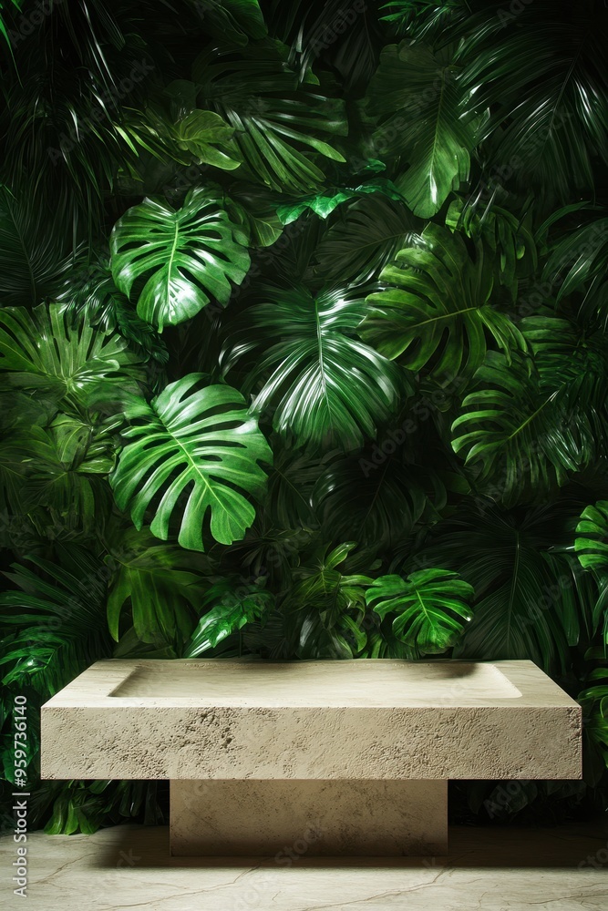 Modern Concrete Sink with Lush Green Monstera Leaves Background in Contemporary Bathroom Design Modern Concrete Sink with Lush Green Monstera Leaves Background in Contemporary Bathroom Design
