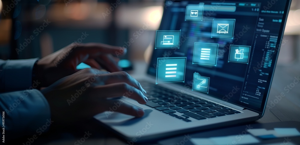 Businessman managing digital documents and forms on a laptop screen, close-up of hands working with file transfers and document searches. Digital document management and online file handling concepts. Businessman managing digital documents and forms on a laptop screen, close-up of hands working with file transfers and document searches. Digital document management and online file handling concepts.