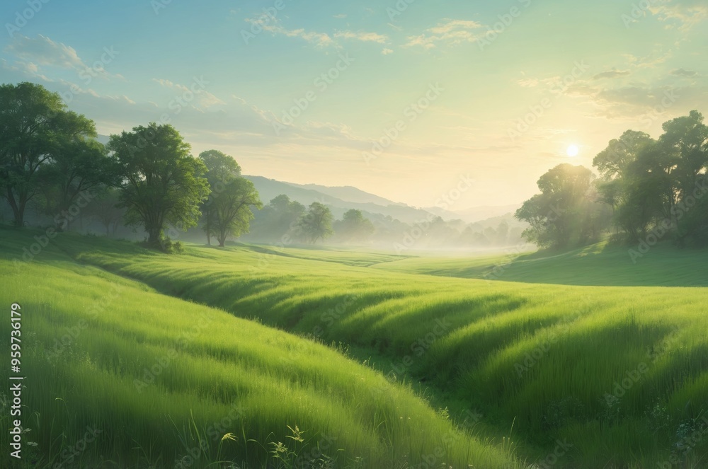 Sunrise over misty green field Sunrise over misty green field