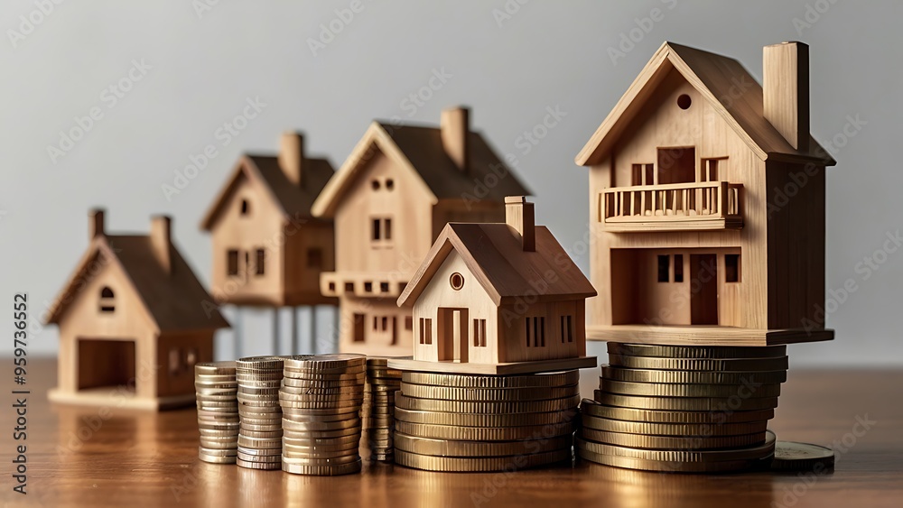 Real estate and investment growth concept, assets and business related little wooden houses on valuable golden coins, market gain or lose money and property