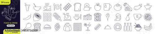 Set of 39 outline icons related to food and drink classification. Linear black and white collection. You can edit the strokes. Perfect pixel. Contains icon designs for different foods and drinks.