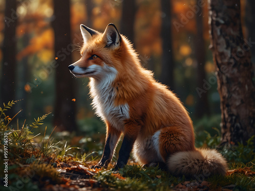 A detailed, close-up shot of a cute, curious fox with a bushy tail and soft, fiery fur, set against a blurred, autumnal forest background, creating a warm and inviting aesthetic