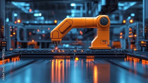 Industrial Automation: Orange robotic arm working on an assembly line in a modern factory, highlighting technological advancement and efficiency in manufacturing. 