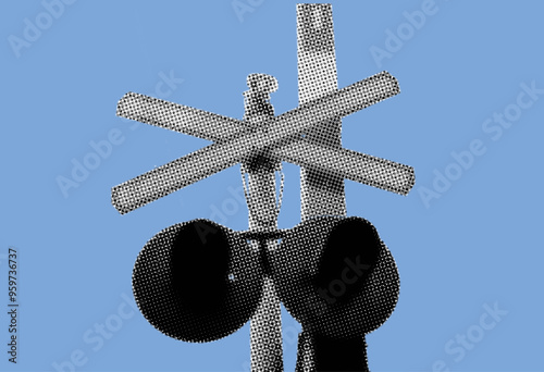 Close up of traffic light on railroad crossing intersection barrier pixelate color halftone dotted texture style collage element