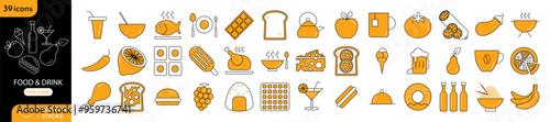 Set of 39 outline icons related to food and drink product classification. Linear collection. Editable stroke. Pixel perfect. Contains icon designs for various foods and drinks. Vector illustration.