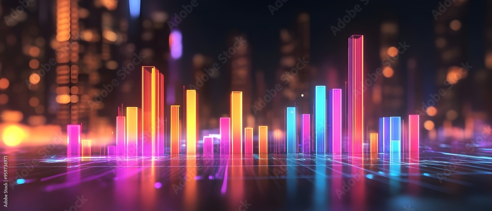 Colorful neon bars represent data visualization in a modern digital cityscape, symbolizing technology and innovation. Colorful neon bars represent data visualization in a modern digital cityscape, symbolizing technology and innovation.