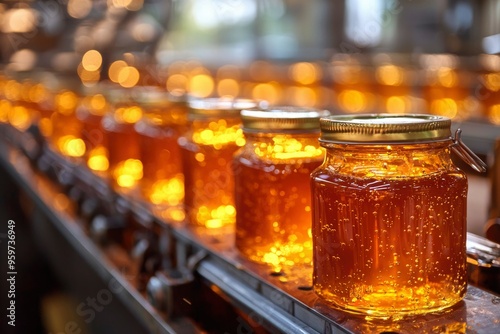 Jars of Golden Honey on a Conveyor Belt