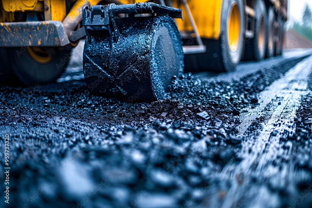 Asphalt Paving in Progress: Close-Up of a Roller Compactor on a Freshly Laid Surface Asphalt Paving in Progress: Close-Up of a Roller Compactor on a Freshly Laid Surface