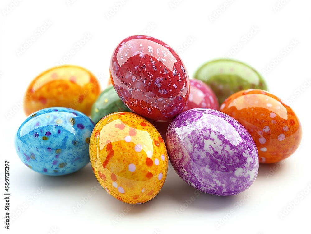 a group of colorful dyed chicken eggs, Easter theme, vibrant patterns, glossy finish, isolated on white background a group of colorful dyed chicken eggs, Easter theme, vibrant patterns, glossy finish, isolated on white background