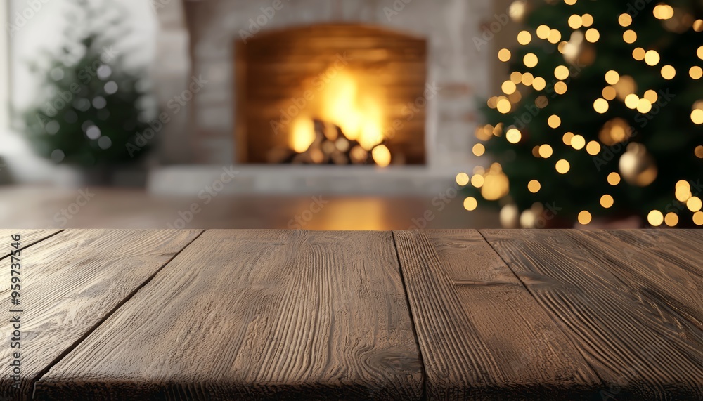Empty wooden table with a Christmas tree and fireplace in the background, warm and cozy setting, 3D illustration Empty wooden table with a Christmas tree and fireplace in the background, warm and cozy setting, 3D illustration