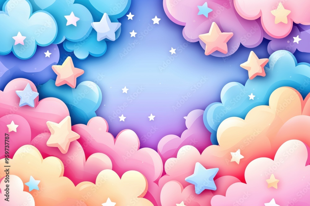 Adorable Pastel Sky with Stars and Clouds - Cute Kawaii Cartoon Background in Pink, Purple, Blue Adorable Pastel Sky with Stars and Clouds - Cute Kawaii Cartoon Background in Pink, Purple, Blue