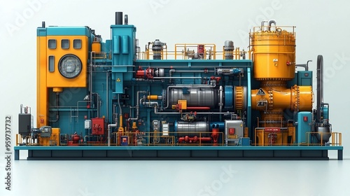 Industrial Powerhouse: A intricate and detailed 3D rendering of a massive industrial engine, showcasing its complex machinery and intricate network of pipes and valves, representing the power and prec