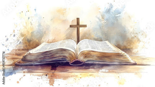 An open Bible sits on a wooden table, adorned by a cross, surrounded by soft colors, light, and watercolor splashes capturing a moment of peace and reflection
