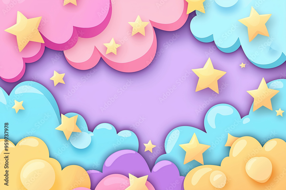 Kawaii Pastel Sky with Stars and Clouds - Cute Cartoon Background