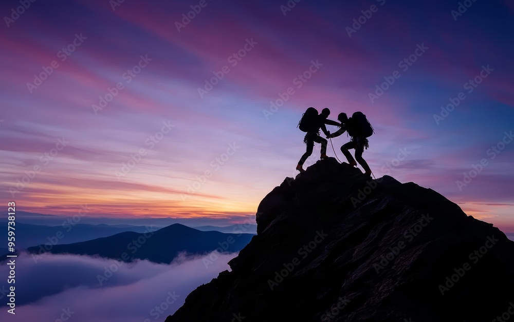 Two climbers helping each other at the summit of a mountain, silhouetted against a stunning sunset, symbolizing teamwork and achievement Two climbers helping each other at the summit of a mountain, silhouetted against a stunning sunset, symbolizing teamwork and achievement