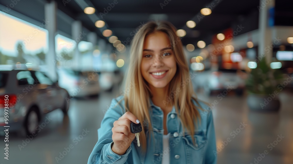 Happy woman proudly holds new car keys in a busy dealership showroom, ready to drive off into freedom and success Happy woman proudly holds new car keys in a busy dealership showroom, ready to drive off into freedom and success