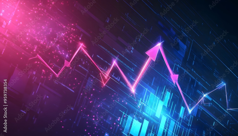 Abstract Neon Arrows Pointing Upwards On A Digital Background