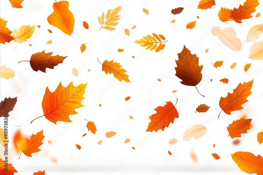 A bunch of falling leaves on a white background
