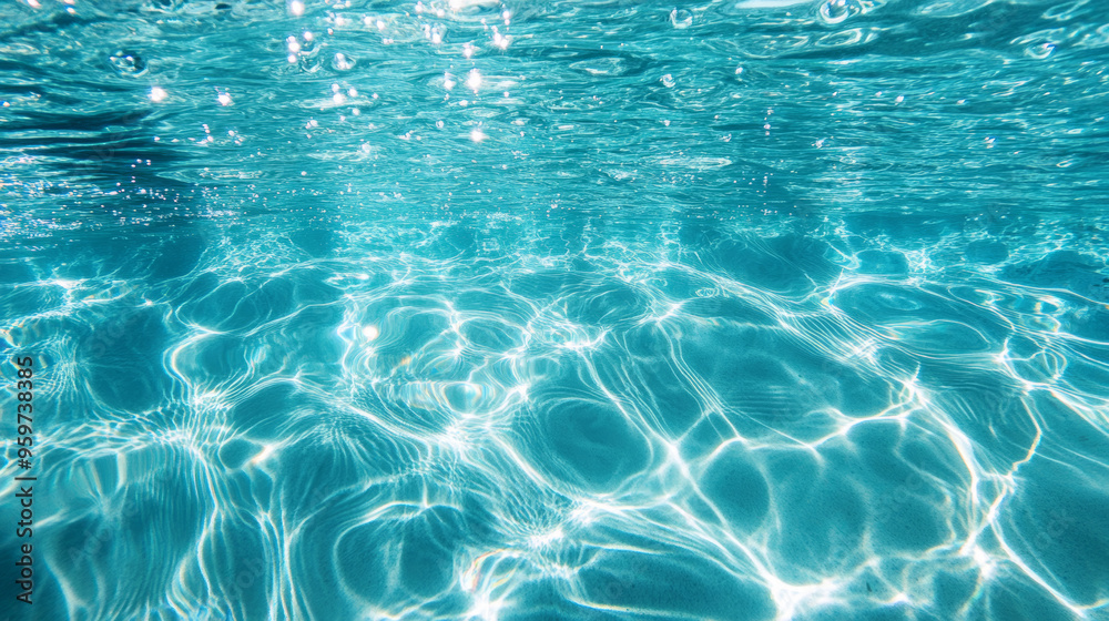 Obraz premium The photo shows clear, blue water with ripples and bubbles. The surface is calm, with a shimmering, sparkling pattern.