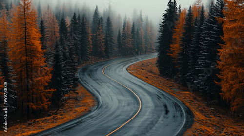 Stunning Aerial View of an Orange Forest and Road During Sunset in the Heart of Autumn