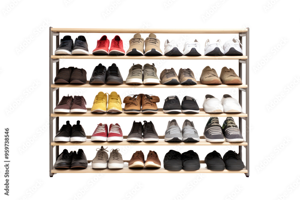 A shoe rack with built-in lighting, illuminating the footwear collection and adding a touch of elegance to the space. ,Isolated on white background A shoe rack with built-in lighting, illuminating the footwear collection and adding a touch of elegance to the space. ,Isolated on white background