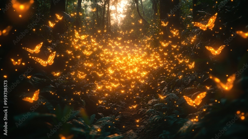 A magical forest scene filled with glowing butterflies. A magical forest scene filled with glowing butterflies.