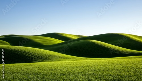 Wide expanse of gently curving green hills, capturing the rhythmic flow of agricultural fields in a serene and harmonious landscape photo