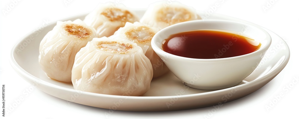 a pork dumpling with dipping sauce, Asian cuisine, soft texture, detailed illustration, isolated on white background a pork dumpling with dipping sauce, Asian cuisine, soft texture, detailed illustration, isolated on white background