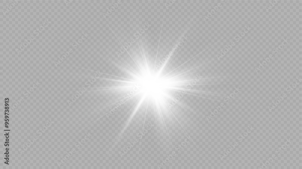 Fototapeta premium White glowing light explodes on a transparent background. with ray. Transparent shining sun, bright flash. Special lens flare light effect.