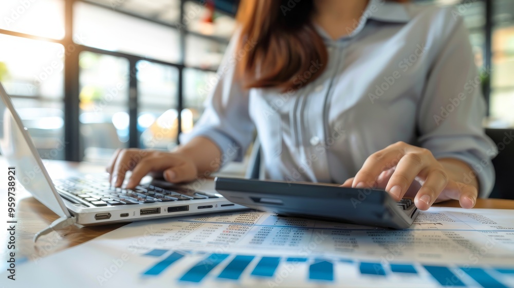 Close up businesswoman hand using calculator and working with laptop to calculate about finance accounting, market report with business document on office table Close up businesswoman hand using calculator and working with laptop to calculate about finance accounting, market report with business document on office table