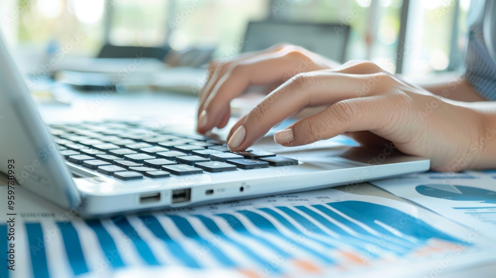Close up businesswoman hand using calculator and working with laptop to calculate about finance accounting, market report with business document on office table Close up businesswoman hand using calculator and working with laptop to calculate about finance accounting, market report with business document on office table