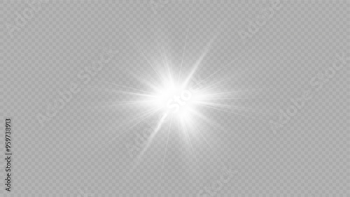 White glowing light explodes on a transparent background. with ray. Transparent shining sun, bright flash. Special lens flare light effect.