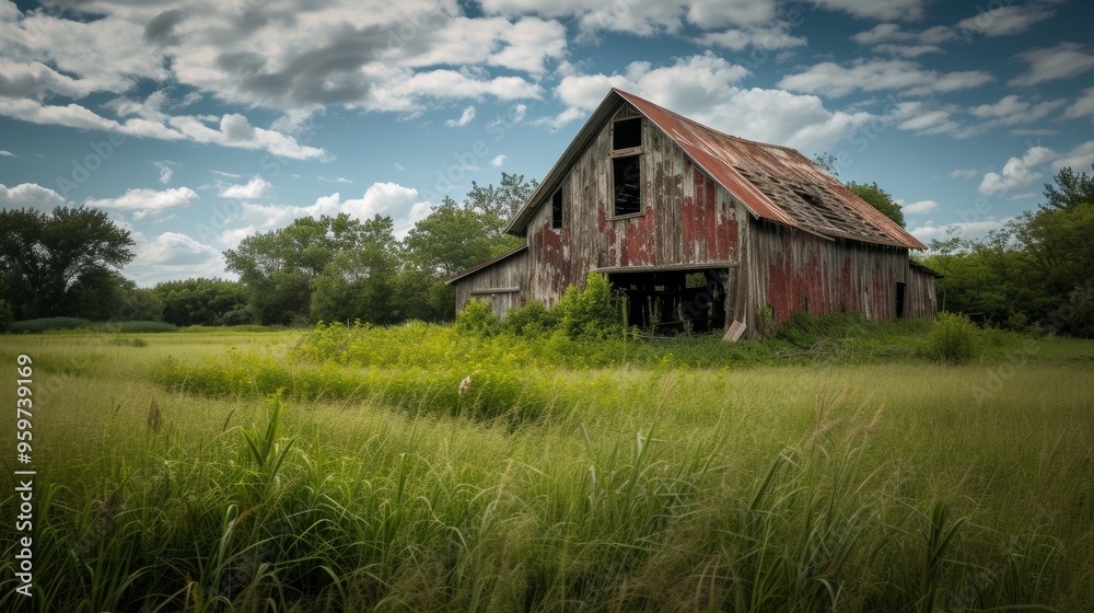 A weathered red barn stands tall in a lush green field under a bright blue sky. The rustic structure, with its peeling paint and missing boards, is a testament to time, surrounded by tall grasses and A weathered red barn stands tall in a lush green field under a bright blue sky. The rustic structure, with its peeling paint and missing boards, is a testament to time, surrounded by tall grasses and