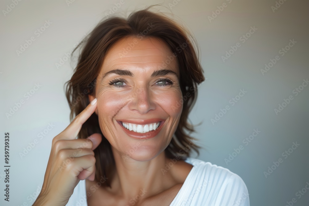 Happy mature woman with perfect smile pointing finger on her face skin, looking at camera Happy mature woman with perfect smile pointing finger on her face skin, looking at camera