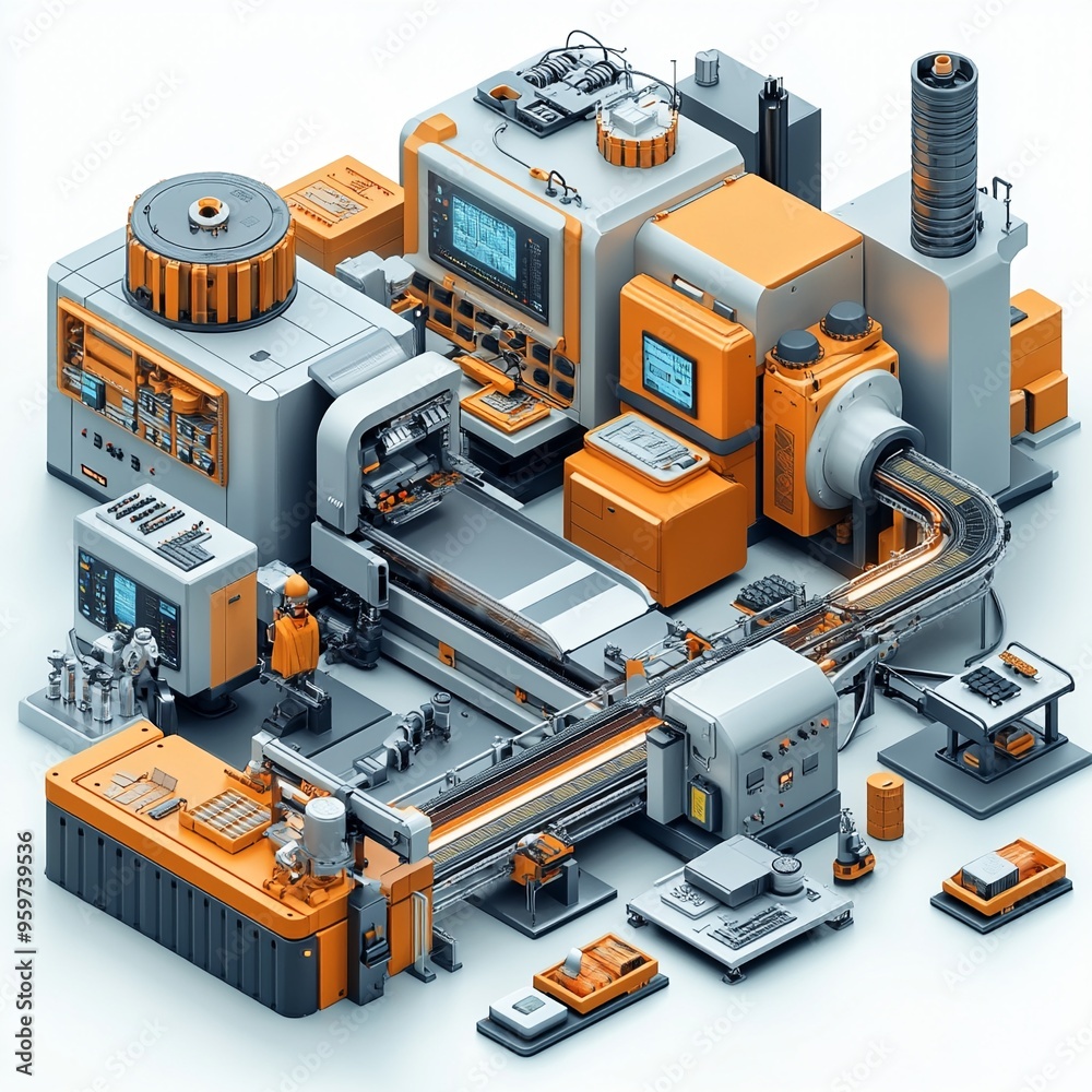Futuristic Factory: A vibrant, isometric illustration depicting a futuristic factory in full operation, showcasing a complex network of machinery, conveyor belts, and advanced technology. This image c Futuristic Factory: A vibrant, isometric illustration depicting a futuristic factory in full operation, showcasing a complex network of machinery, conveyor belts, and advanced technology. This image c