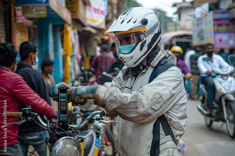 Urban Delivery Rider in Action Amidst Bustling Street Scene