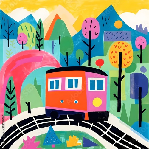 A COLORFUL CHILD'S DRAWING OF A TRAIN photo