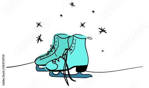 Continuous one line of pair of figure ice skates blue cold color hanging in silhouette on white background. Winter illustration.
