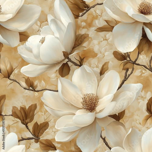 Magnolia Blooms seamless pattern elegant designs. Classic floral drawings of Magnolia on luxury background for fabric, curtain, carpet, wallpaper, clothing, wrapping, vector