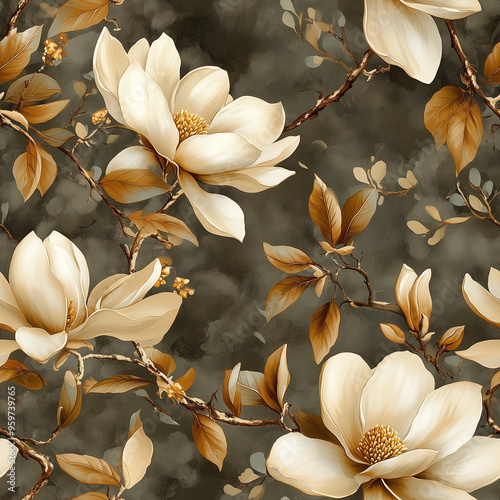 Classic floral drawings of Magnolia seamless pattern on luxury background for fabric, curtain, carpet, wallpaper, clothing, wrapping, vector