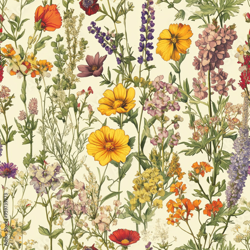 A myriad of flowers bloom seamless pattern on beige background. Elegant floral seamless pattern. 