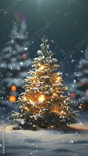 Video Vertical recreation of a small christmas tree in a forest a snowy night