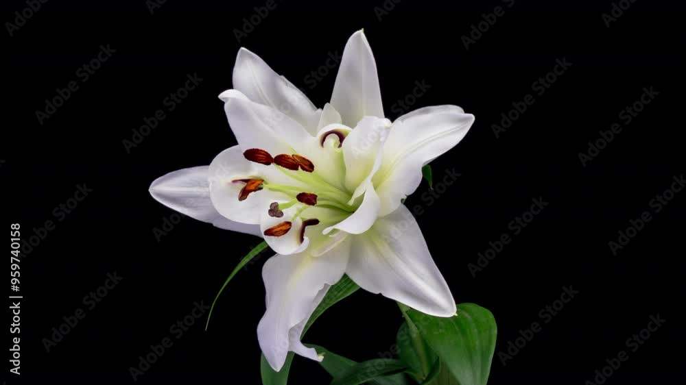 Beautiful white lily flower on black background. Wedding, Valentines Day, Mothers Day concept. Holiday, love, birthday design backdrop