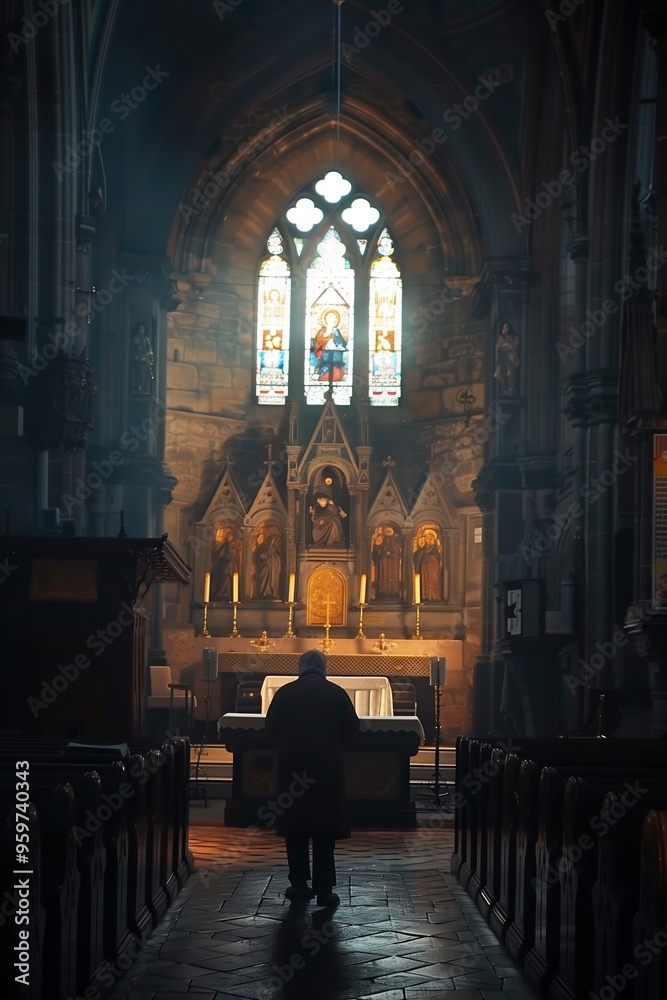 Fototapeta premium Elderly man praying in church with stained glass windows and sunlight streaming in, seen from behind