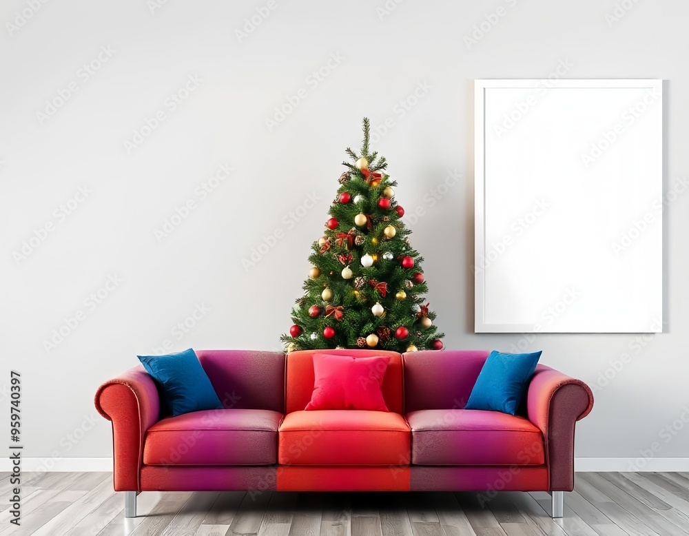 A colorful modern sofa with a christmas tree and blank frame on wall A colorful modern sofa with a christmas tree and blank frame on wall