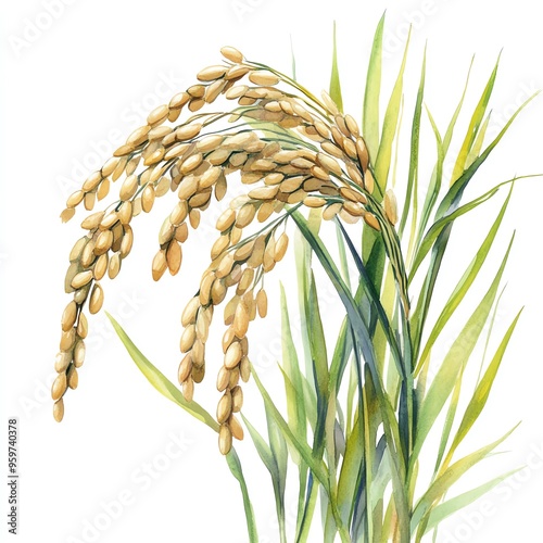 a rice plant with grains, agricultural element, realistic watercolor painting, green and golden tones, isolated on white background