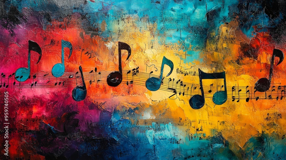 Fototapeta premium Colorful Musical Notes Pattern on Sheet Music