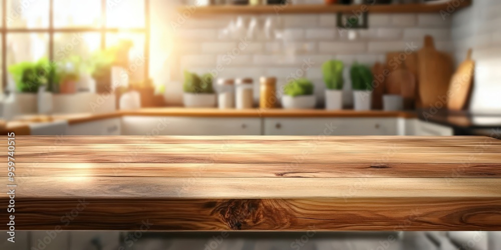 Empty wooden kitchen countertop in a bright cozy kitchen with natural light streaming through the window and blurred background of kitchen utensils and potted plants, perfect for showcasing food produ Empty wooden kitchen countertop in a bright cozy kitchen with natural light streaming through the window and blurred background of kitchen utensils and potted plants, perfect for showcasing food produ