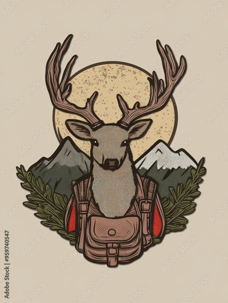 A stylized illustration of a deer with antlers, a backpack, mountains, and a full moon. A stylized illustration of a deer with antlers, a backpack, mountains, and a full moon.